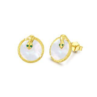 Sterling Silver with Yellow Gold Plated Mother Of Pearl Snake Stud Earrings-1