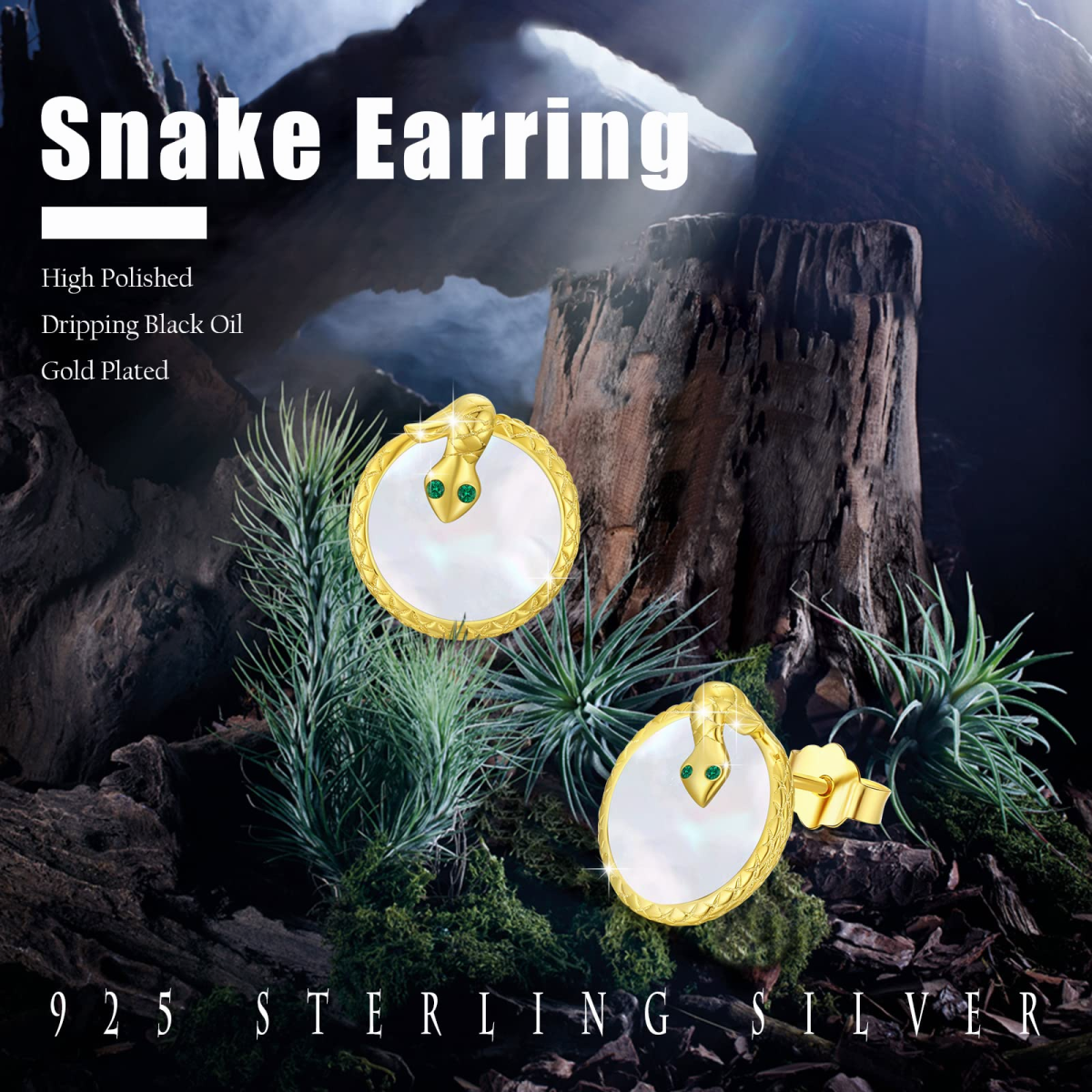Pendientes de serpiente de plata de ley con nácar bañado en oro amarillo-6