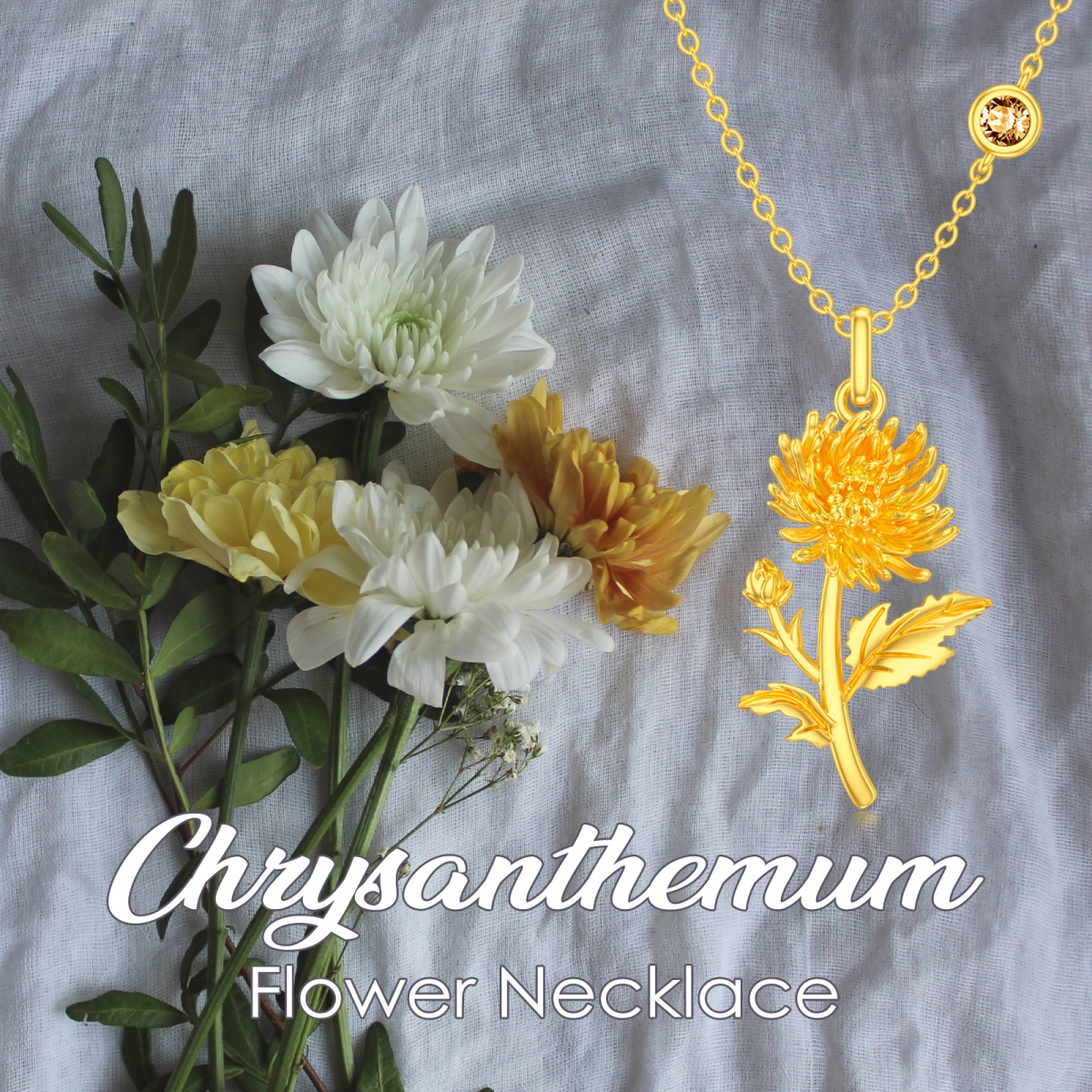 Collier en argent sterling et or jaune avec fleur de chrysanthème November Birthstone-6