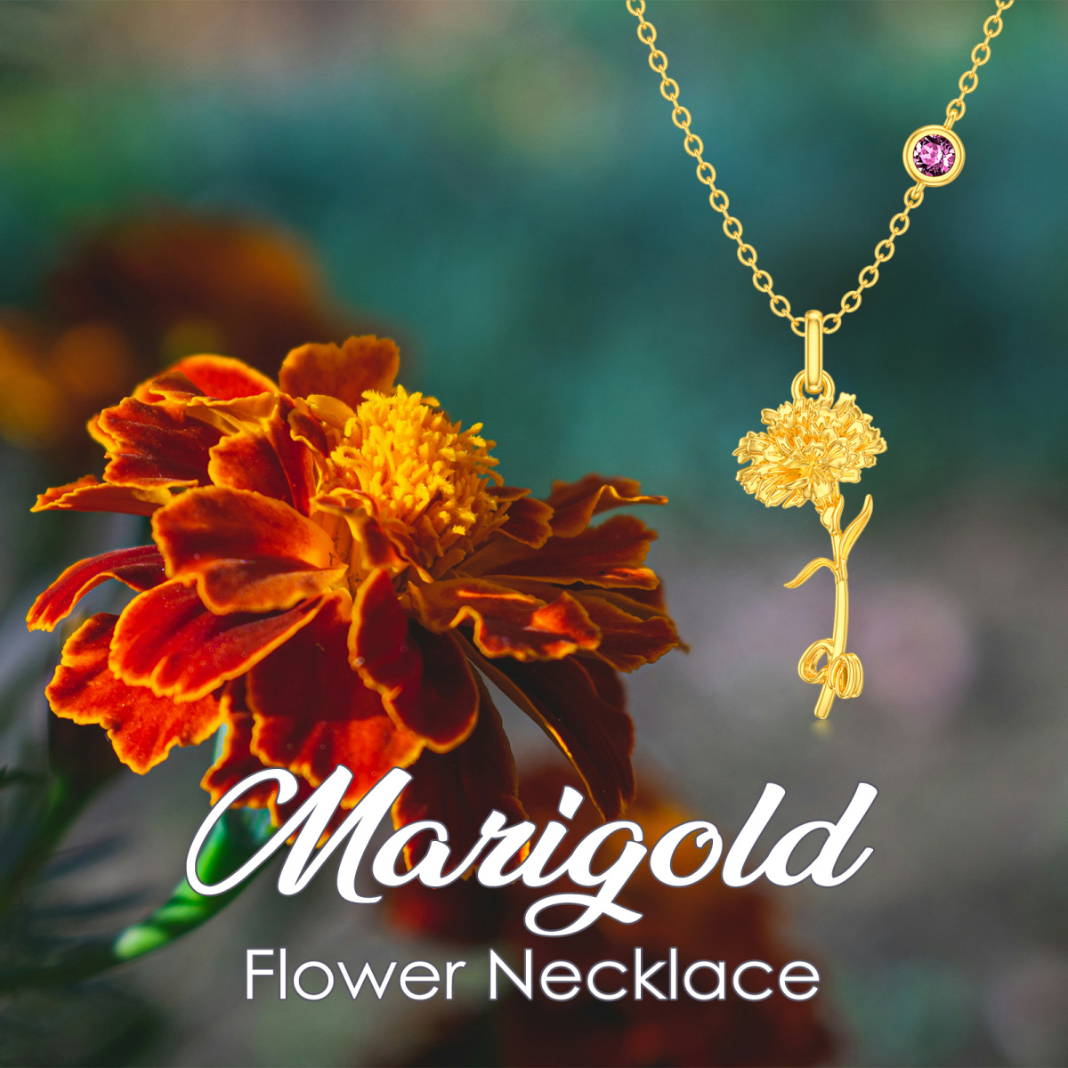 Collier en argent sterling et plaqué or jaune avec fleur de Marigold (October Birthstone)-6