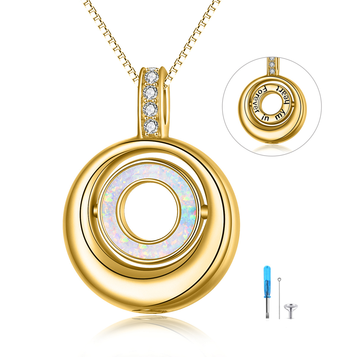 Sterling Silver With Yellow Gold Plated Opal Circle Urn Necklace For Ashes With Engraved Word For Women Best Friend-1