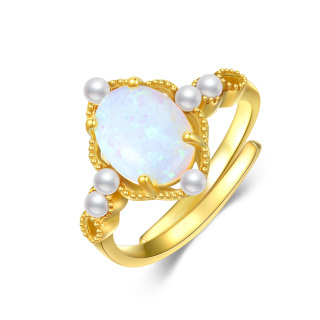 Sterling Silver with Yellow Gold Plated Opal & Pearl Spherical Open Ring-41