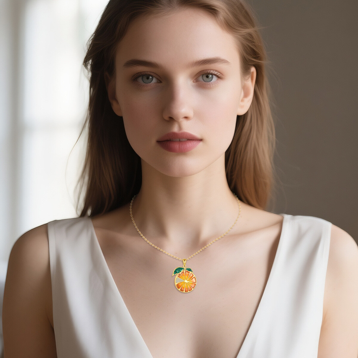 Colar com pendente laranja de zircónia cúbica banhado a ouro amarelo e prata de lei-2