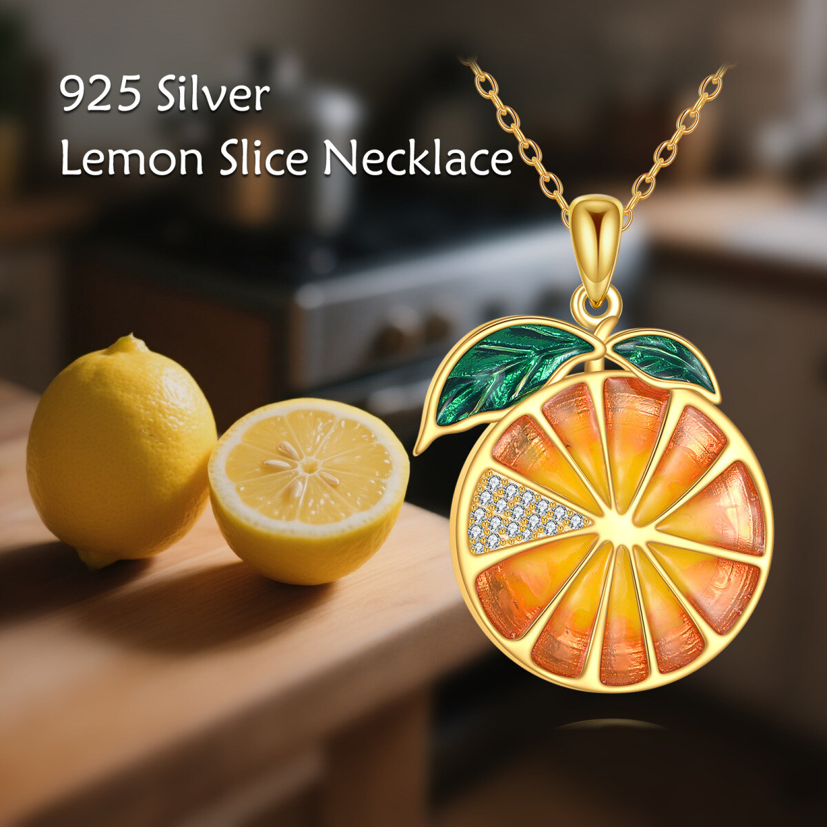 Colar com pendente laranja de zircónia cúbica banhado a ouro amarelo e prata de lei-5