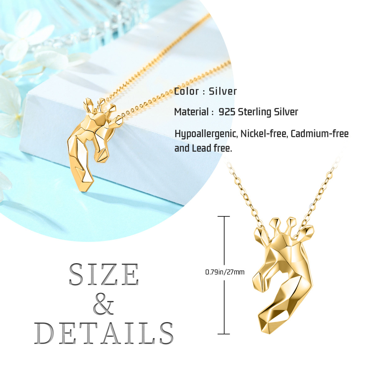 Collana con ciondolo Origami Giraffe in argento sterling e placcato oro giallo-6