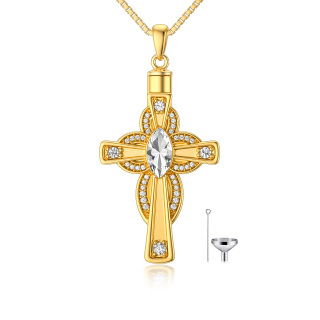 Sterling Silver with Yellow Gold Plated Oval Crystal Cross Urn Necklace for Ashes-21