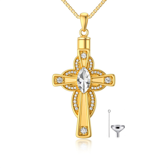 Sterling Silver with Yellow Gold Plated Oval Crystal Cross Urn Necklace for Ashes