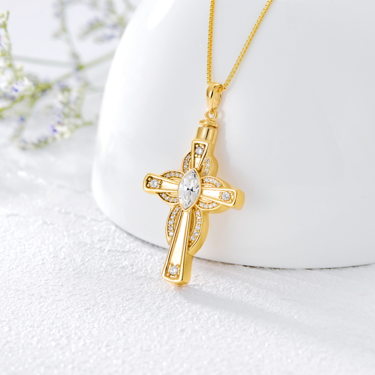 Sterling Silver with Yellow Gold Plated Oval Crystal Cross Urn Necklace for Ashes-5