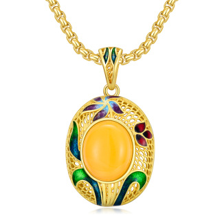 Sterling Silver with Yellow Gold Plated Oval Jade Pendant Necklace-24