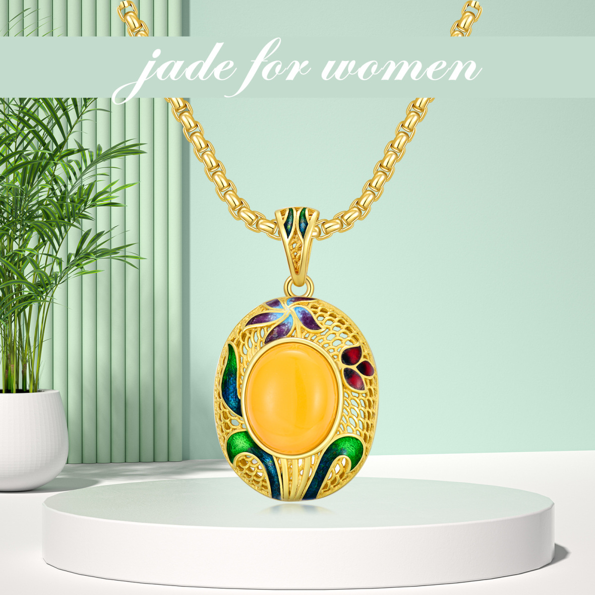 Sterling Silver with Yellow Gold Plated Oval Jade Pendant Necklace-3