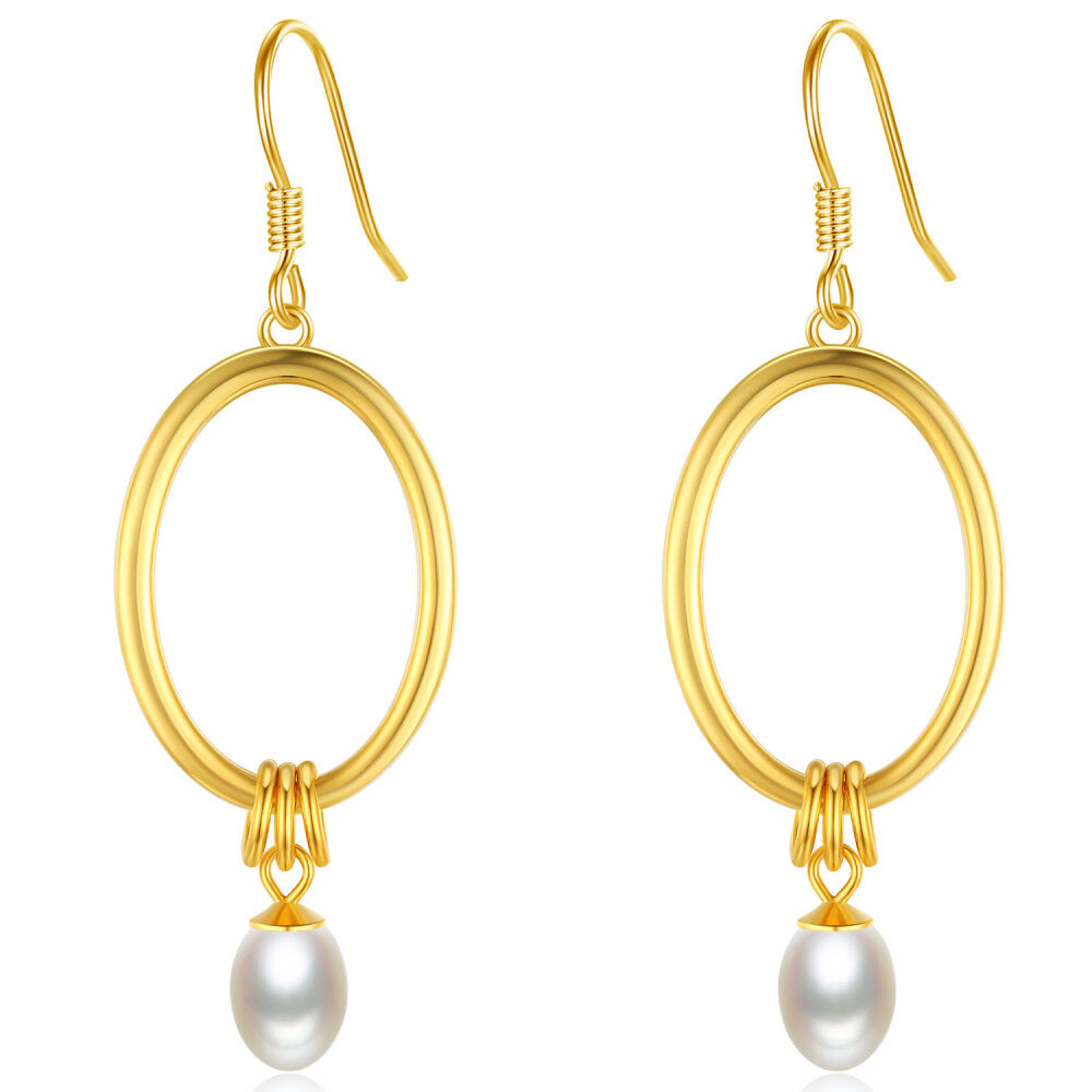Sterling Silver With Yellow Gold Plated Oval Pearl Drop Earrings For Women-1