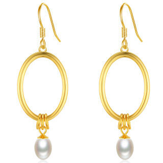 Sterling Silver With Yellow Gold Plated Oval Pearl Drop Earrings For Women-56