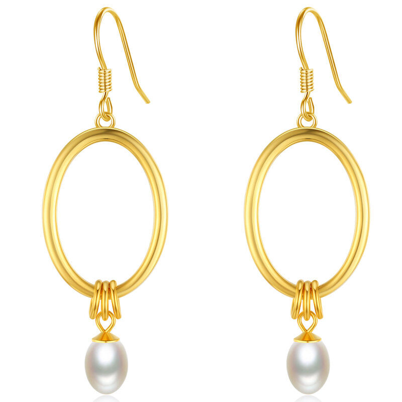 Sterling Silver With Yellow Gold Plated Oval Pearl Drop Earrings For Women