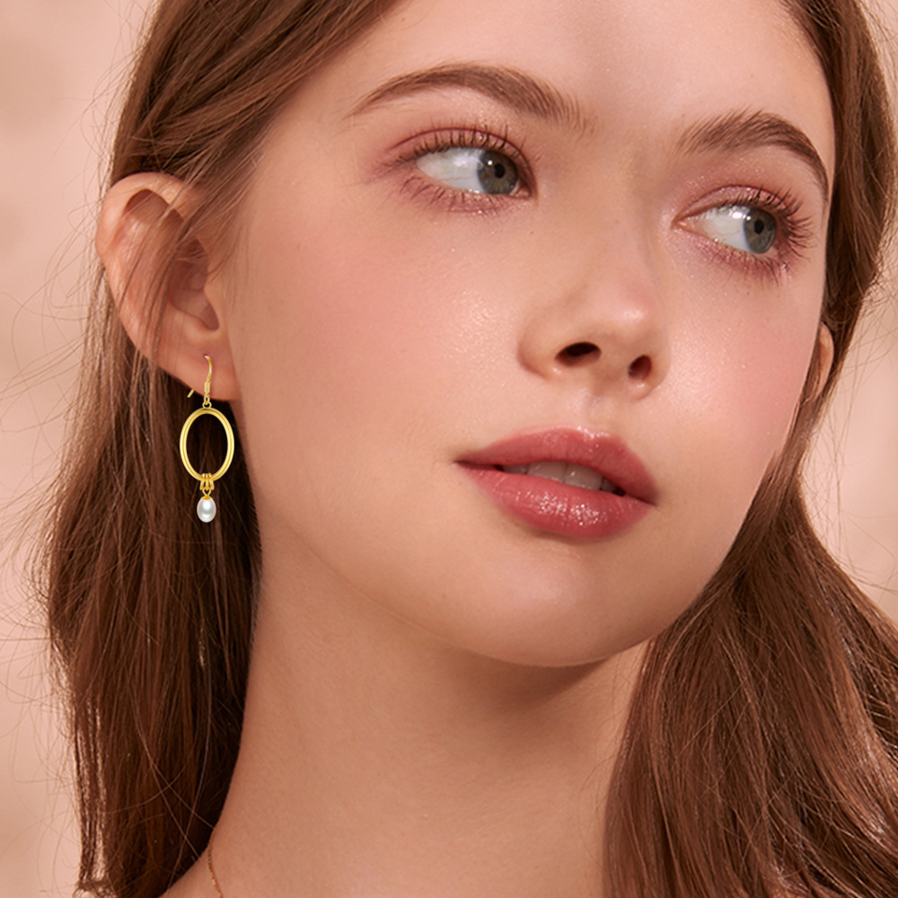 Sterling Silver With Yellow Gold Plated Oval Pearl Drop Earrings For Women-2