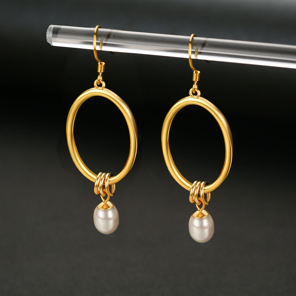 Sterling Silver With Yellow Gold Plated Oval Pearl Drop Earrings For Women-3