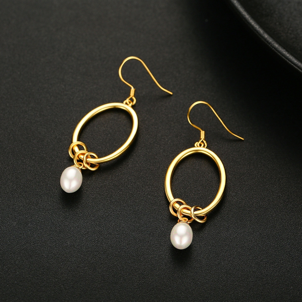 Sterling Silver With Yellow Gold Plated Oval Pearl Drop Earrings For Women-4
