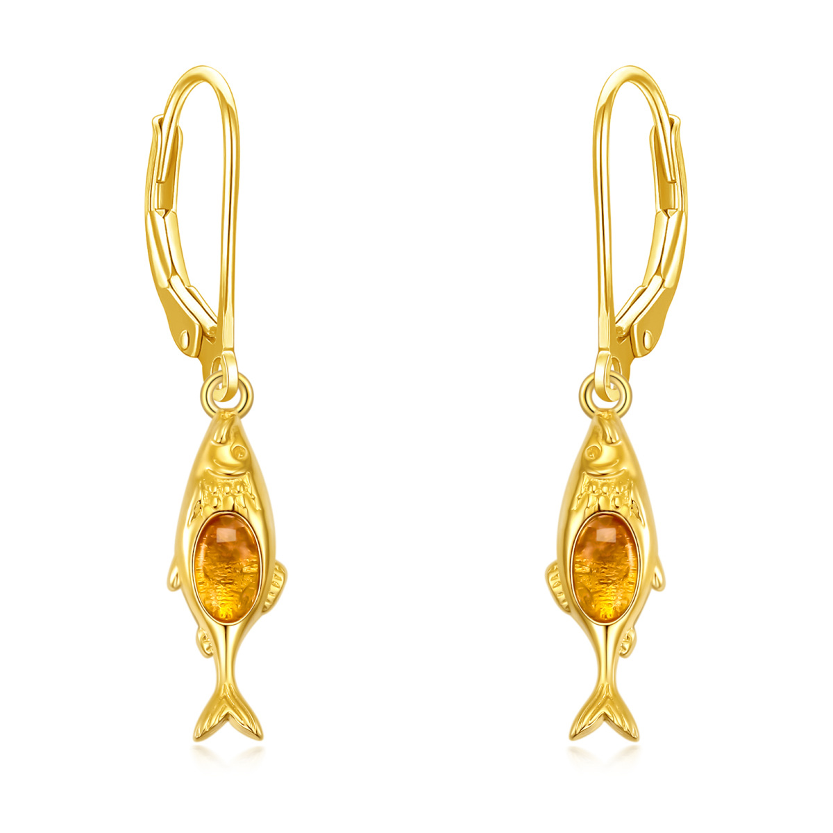 Sterling Silver with Yellow Gold Plated Oval Shaped Agate Fish Drop Earrings-1