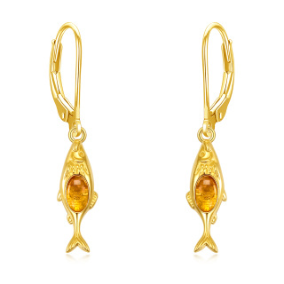 Sterling Silver with Yellow Gold Plated Oval Shaped Agate Fish Drop Earrings-1