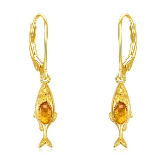 Sterling Silver with Yellow Gold Plated Oval Shaped Agate Fish Drop Earrings