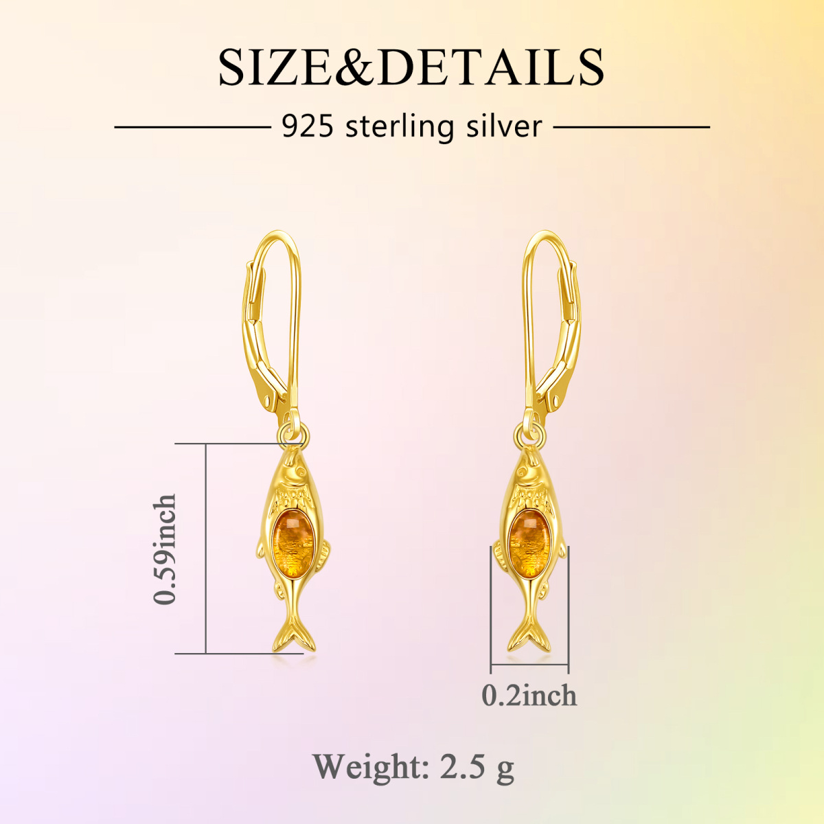 Sterling Silver with Yellow Gold Plated Oval Shaped Agate Fish Drop Earrings-5