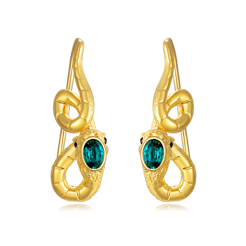 Sterling Silver with Yellow Gold Plated Oval Shaped Crystal Snake Drop Earrings-1