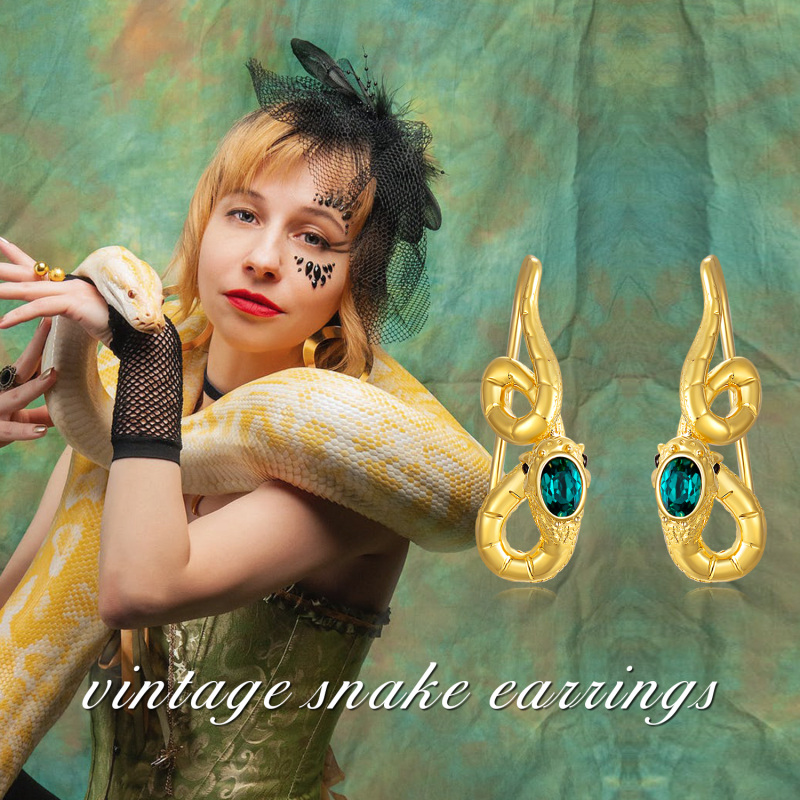 Sterling Silver with Yellow Gold Plated Oval Shaped Crystal Snake Drop Earrings-7