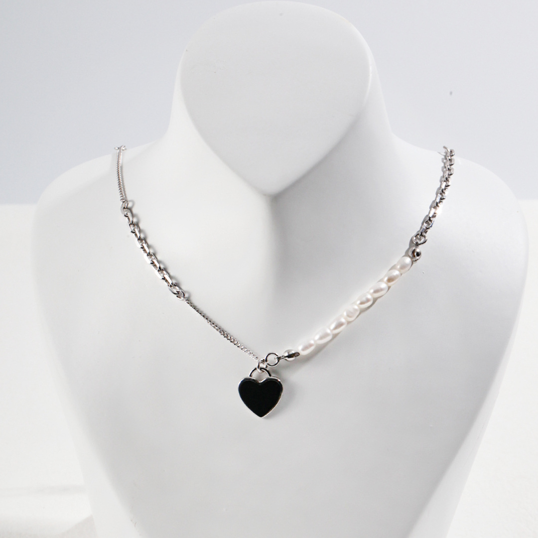 Sterling Silver with Yellow Gold Plated Oval Shaped Pearl Heart Metal Choker Necklace-3