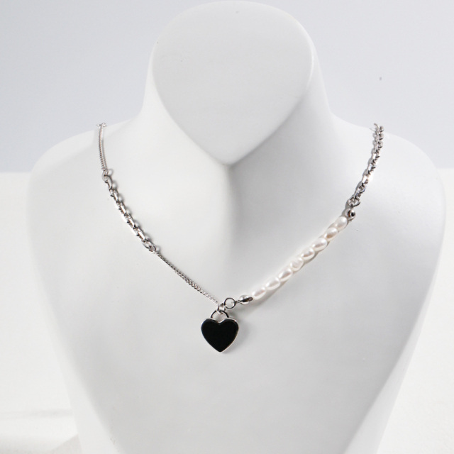 Sterling Silver Oval Shaped Pearl Heart Metal Choker Necklace-2