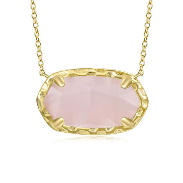 Collar con colgante de cuarzo rosa de forma ovalada chapado en oro amarillo de plata de ley-1