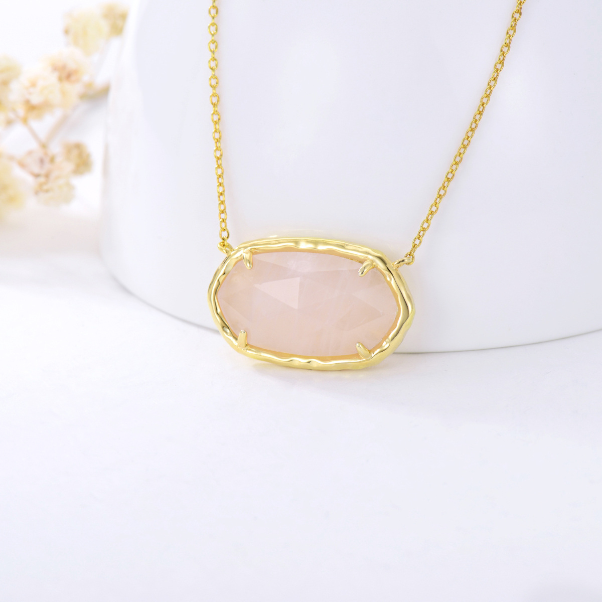 Sterling Silver with Yellow Gold Plated Oval Shaped Rose Quartz Pendant Necklace-4