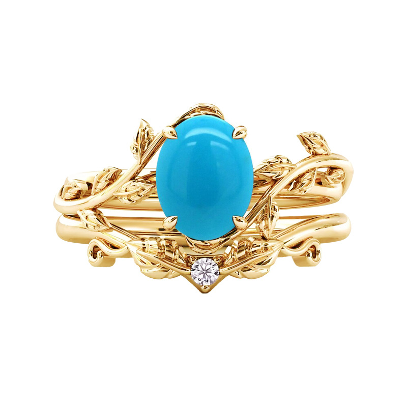 Sterling Silver with Yellow Gold Plated Oval Shaped Turquoise Engagement Ring-8