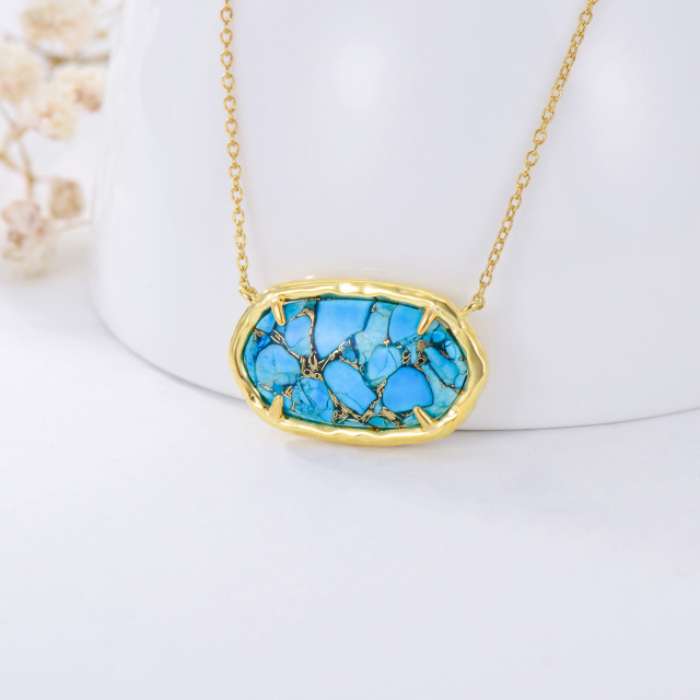 Sterling Silver with Yellow Gold Plated Oval Shaped Turquoise Pendant Necklace-4