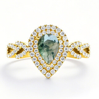 Sterling Silver with Yellow Gold Plated Pear Cut Moss Agate Ring-22