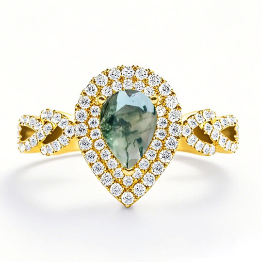 Anillo de ágata musgosa talla pera en plata de ley bañada en oro amarillo