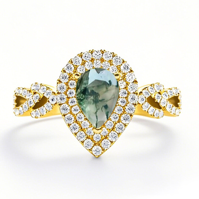 Bague en argent sterling plaqué or jaune avec agate mousse taille poire-9