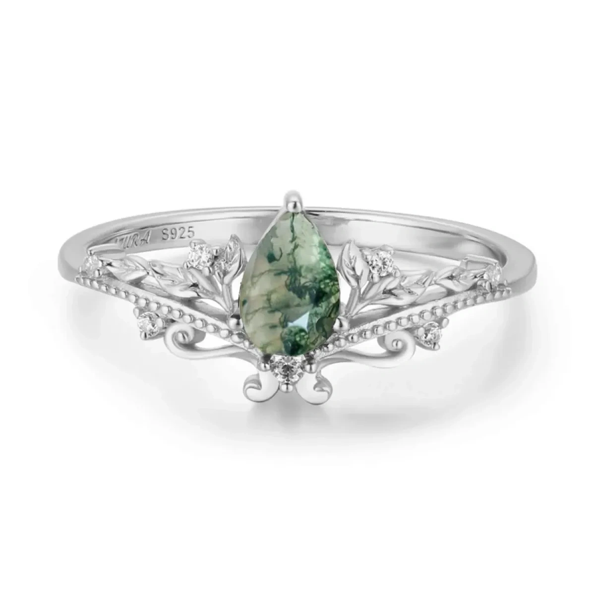 Sterling Silver Pear Shaped Moss Agate Leaves & Drop Shape Engagement Ring-1