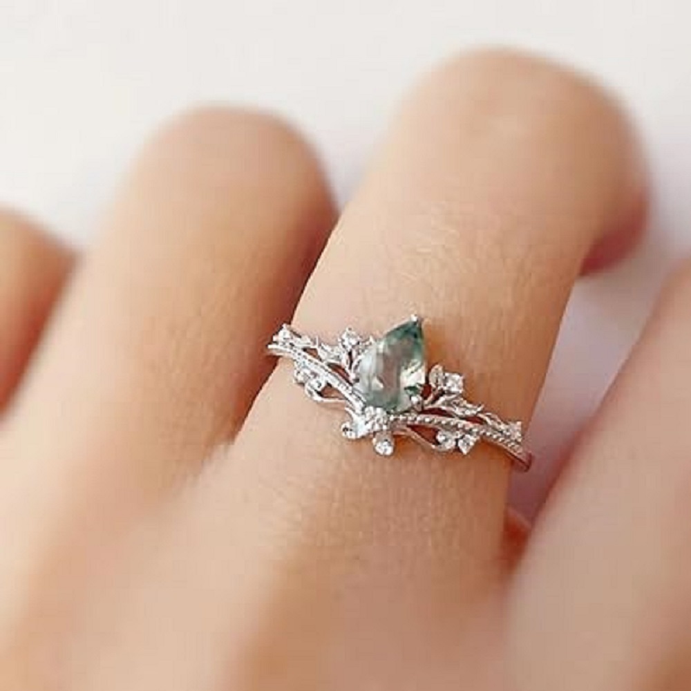 Sterling Silber mit Rose vergoldet Birne geformt Moos Achat Blätter & Tropfen Form Verlobu-2