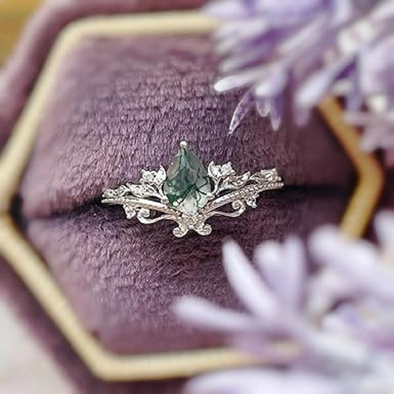 Sterling Silber mit Rose vergoldet Birne geformt Moos Achat Blätter & Tropfen Form Verlobu-3