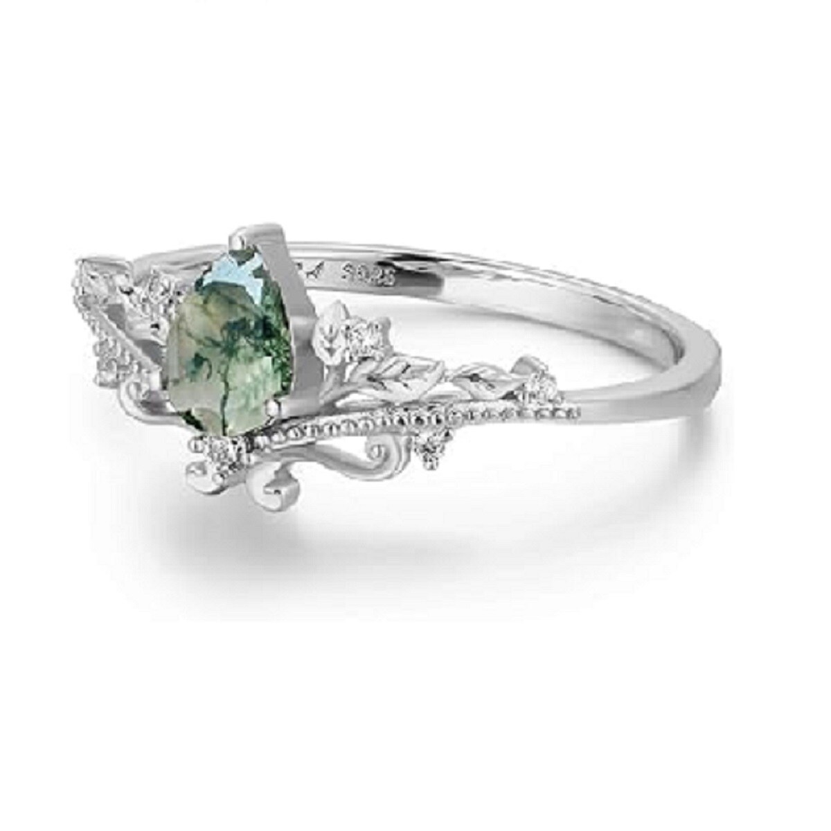 Sterling Silver with Yellow Gold Plated Pear Shaped Moss Agate Leaves & Drop Shape Engagement Ring-4