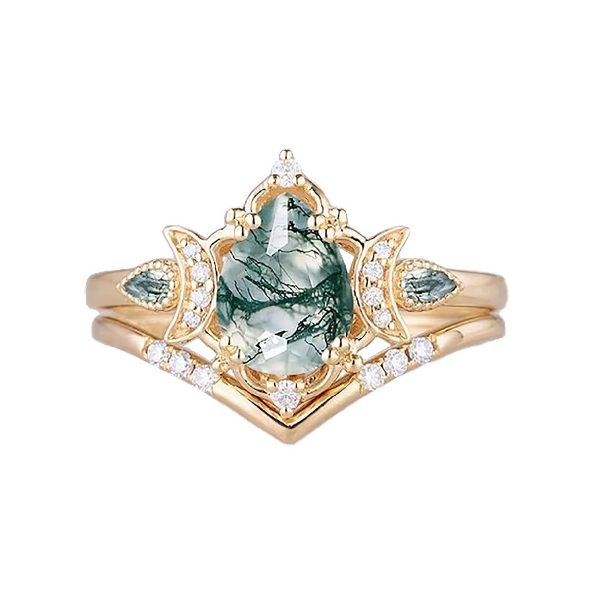 Sterling Silver with Yellow Gold Plated Pear Shaped Moss Agate Triple Moon Goddess Engagement Ring-1