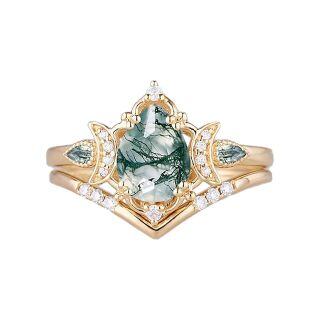 Sterling Silver with Yellow Gold Plated Pear Shaped Moss Agate Triple Moon Goddess Engagement Ring-4