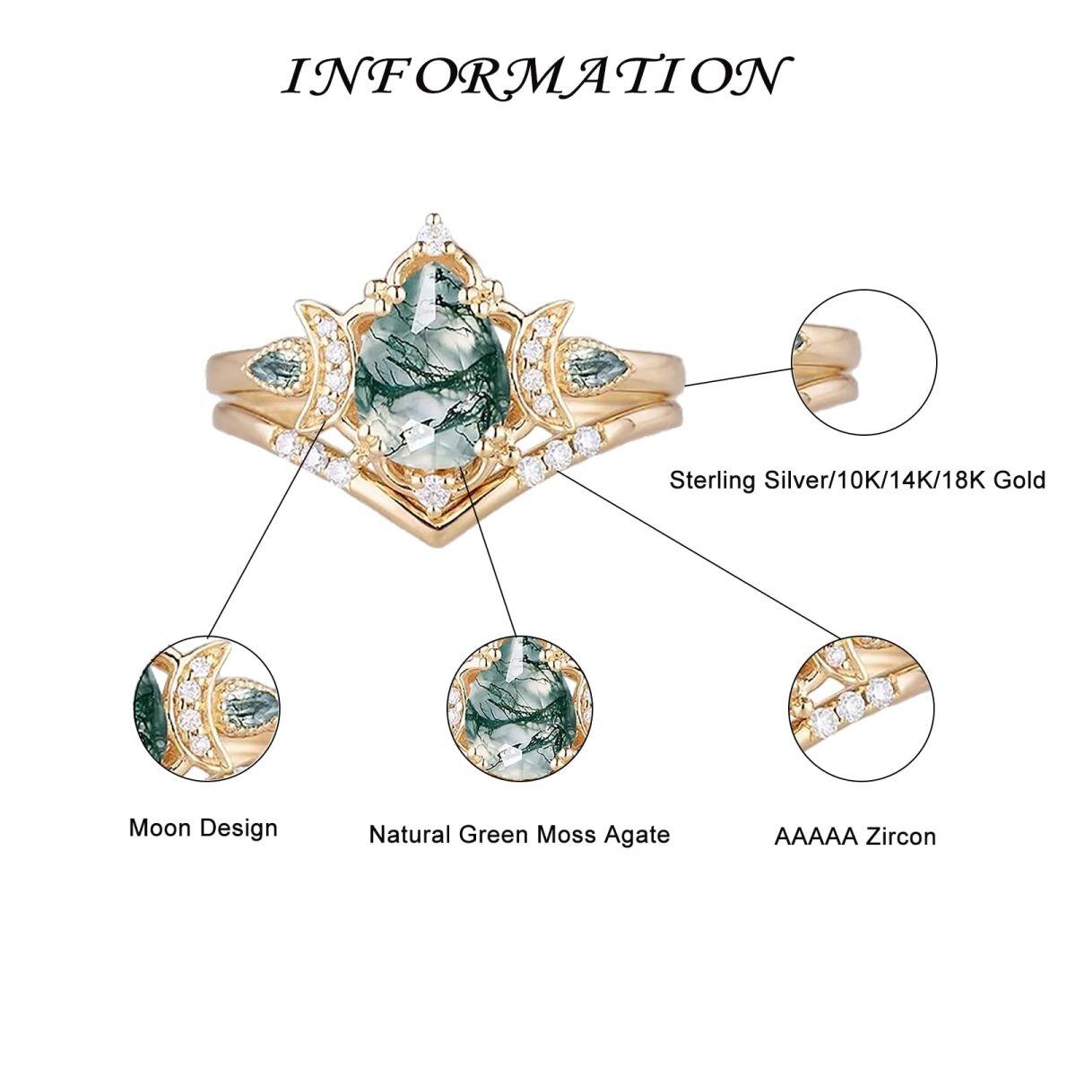 Sterling Silver with Yellow Gold Plated Pear Shaped Moss Agate Triple Moon Goddess Engagement Ring-3