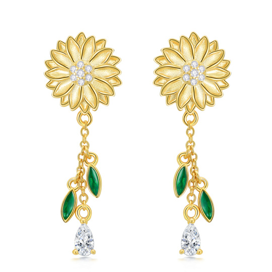 Sterling Silver with Yellow Gold Plated Pear Shaped Cubic Zirconia Sunflower Drop Earrings