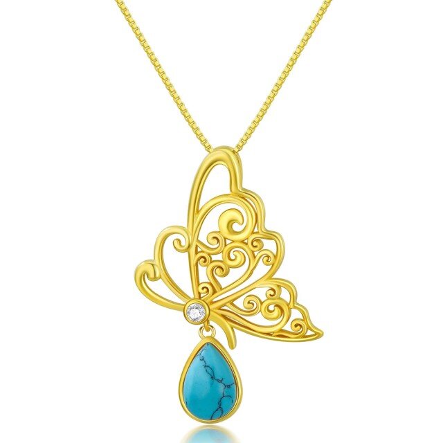 Sterling zilver met geel goud vergulde peervormige turquoise vlinder hanger ketting-1