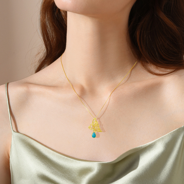 Sterling Silver with Yellow Gold Plated Pear Shaped Turquoise Butterfly Pendant Necklace-2