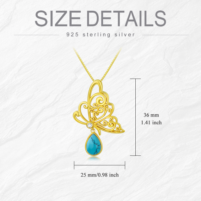 Sterling zilver met geel goud vergulde peervormige turquoise vlinder hanger ketting-5