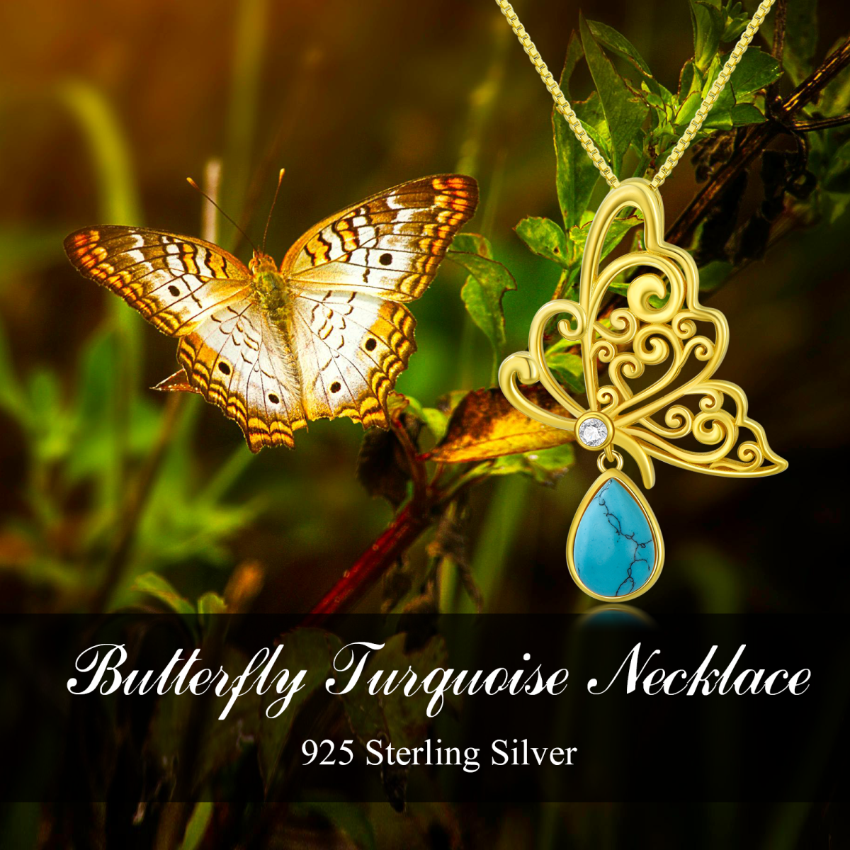 Sterling Silver with Yellow Gold Plated Pear Shaped Turquoise Butterfly Pendant Necklace-6