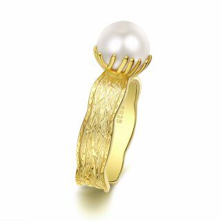 Sterling Silver with Yellow Gold Plated Pearl Bead Open Ring-35