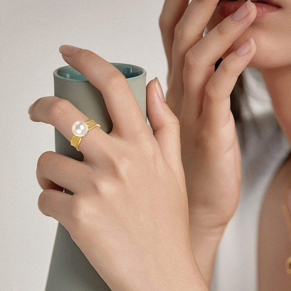 Sterling Silver with Yellow Gold Plated Pearl Bead Open Ring-2