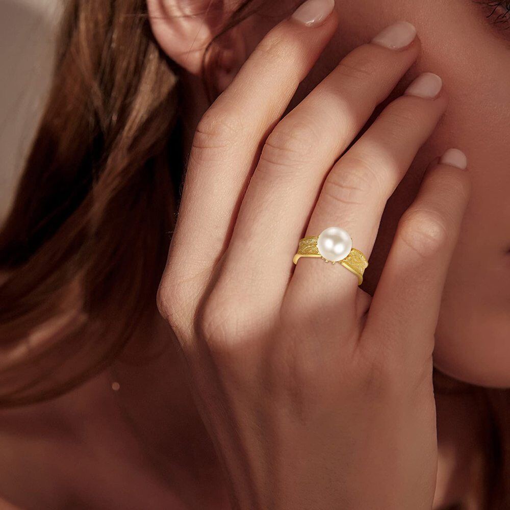 Sterling Silver with Yellow Gold Plated Pearl Bead Open Ring-3